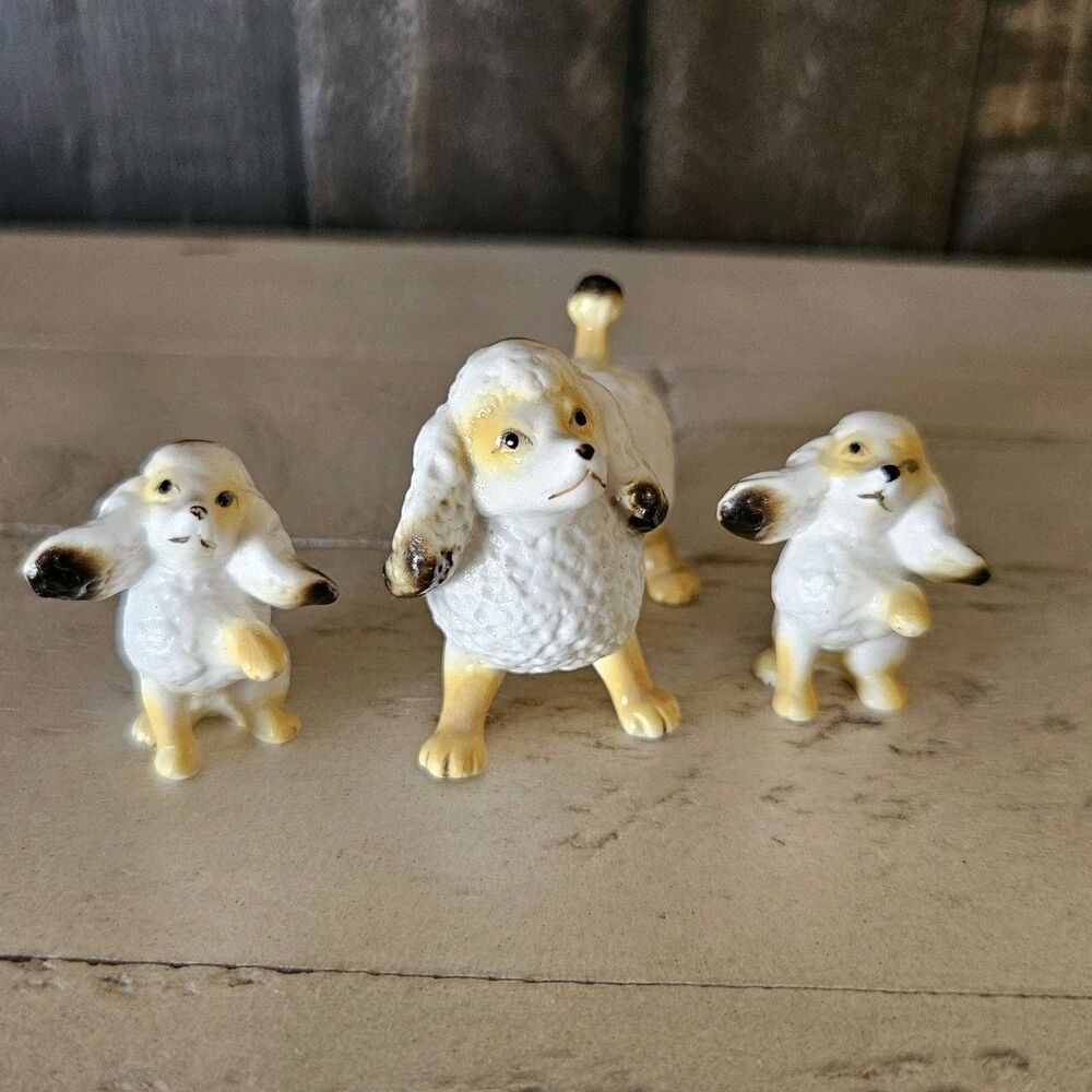 Vintage Poodle Figurines 3 Dogs Mom & Pups White Made In Japan Mid Century decor
